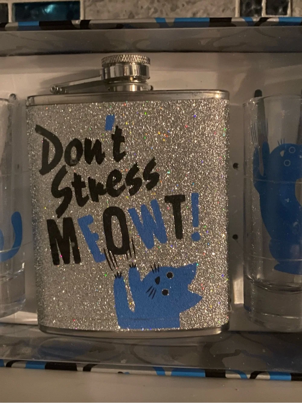 Wink Silver Glitter Flask Set with Blue Cat Shot Glasses DONT STRESS MEOWT